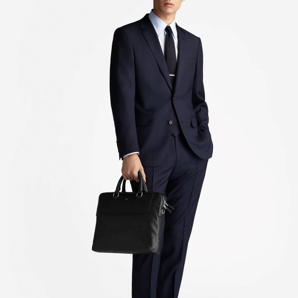 Dunhill Navy Blue. Suit Outfit with Leather Bag